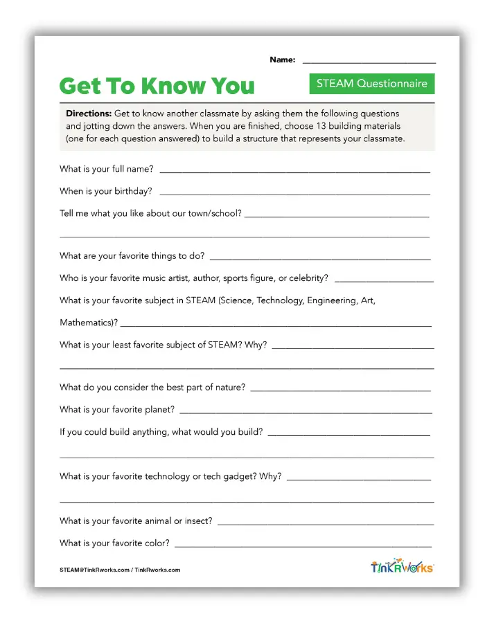 Get to Know You STEAM Questionnaire Activity